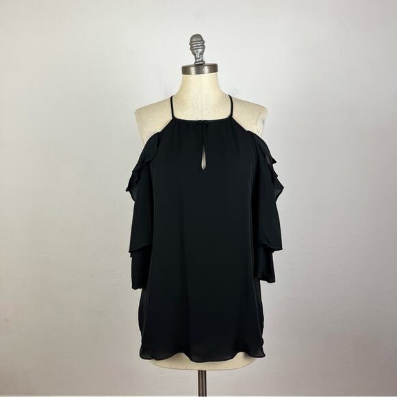Parker Black Cold Shoulder Ruffle Silk Blouse - Picture 1 of 7